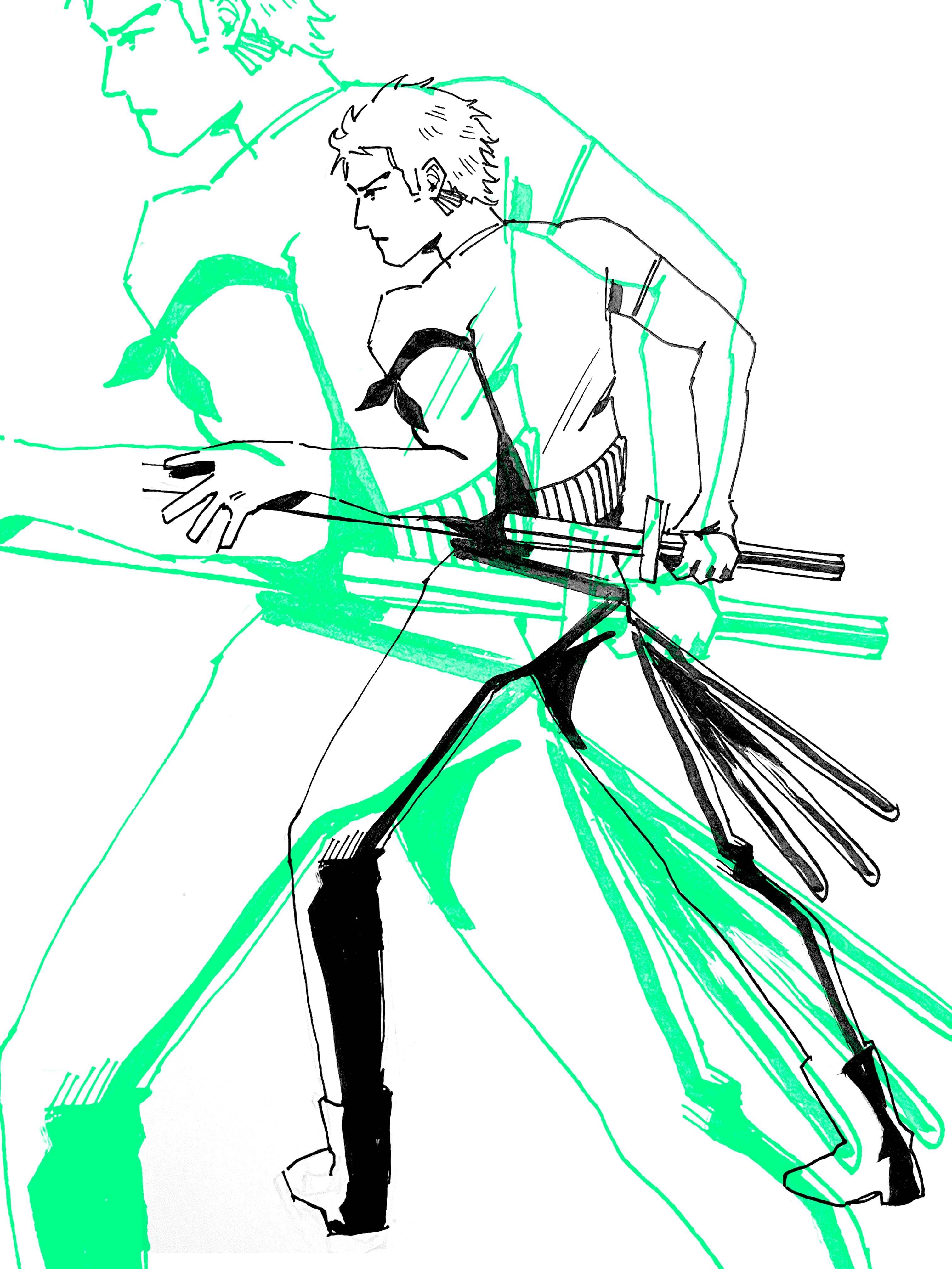 Zoro from One Piece. Ink drawing, digitally edited.