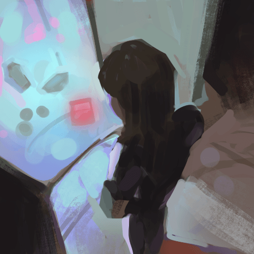 Illustration of person in front of a sci-fi fridge.